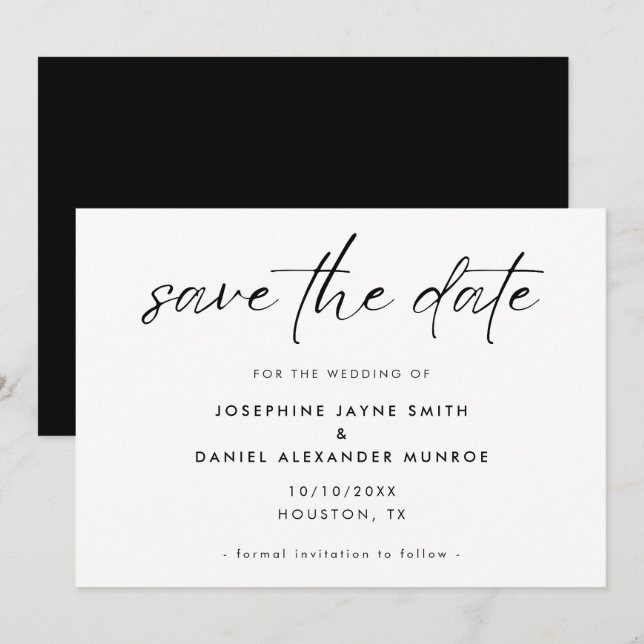 Minimal Black White Elegant Script Wedding  Save The Date (Front/Back)