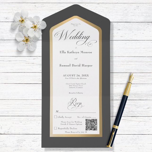 Minimal Black & White Gold Modern QR Code All In One Invitation (Creator Uploaded)
