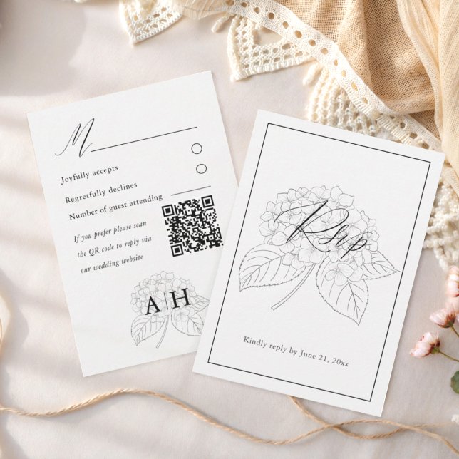 Minimal Black & White Hydrangea Wedding RSVP Card (Creator Uploaded)