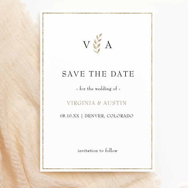 Minimal Black White | Leaf Gold Border Wedding  Save The Date (monogram Minimal Black White & Gold Leaf Border Wedding Save The Date
)