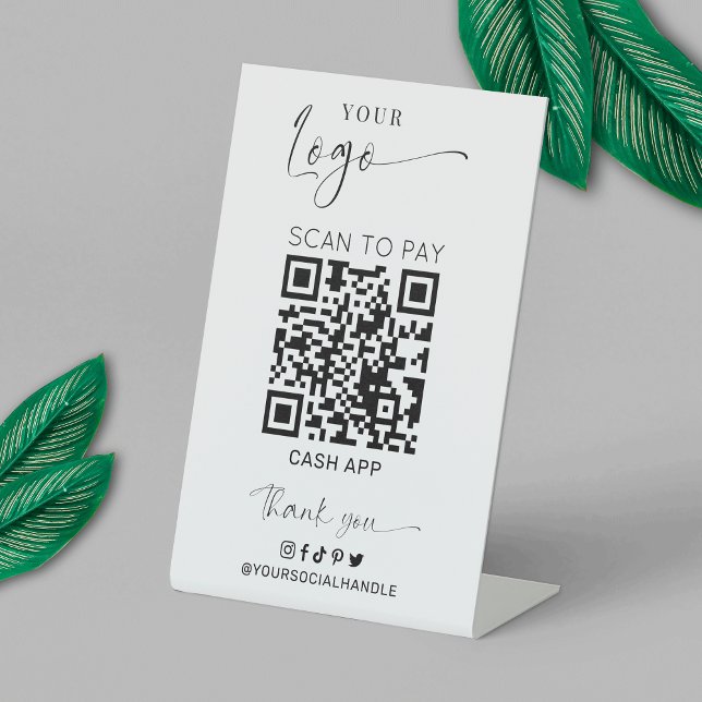 Minimal Black & White Logo Scan To Pay QR Code Pedestal Sign (Elegant phone payment QR code table top sign in minimal black and white with space for your logo)