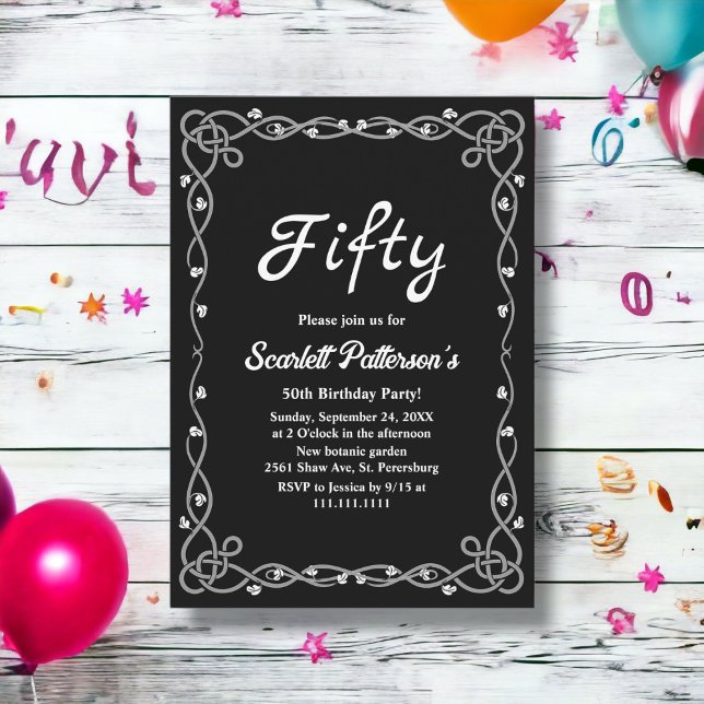 Minimal Black & White Modern Floral 50th Birthday Invitation (Creator Uploaded)