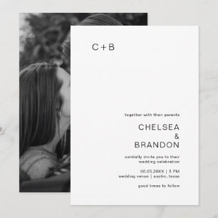Minimal Black White Monogram Photo Modern Wedding Invitation