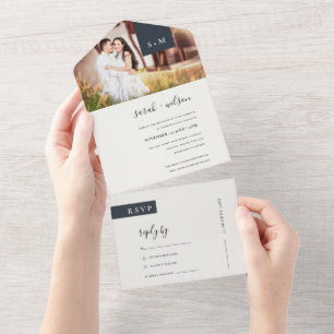 MINIMAL BLACK WHITE MONOGRAM WEDDING PHOTO ALL IN  ONE INVITATION