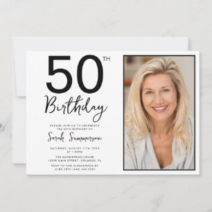 Minimal Black White Photo 50th Birthday Party Invitation