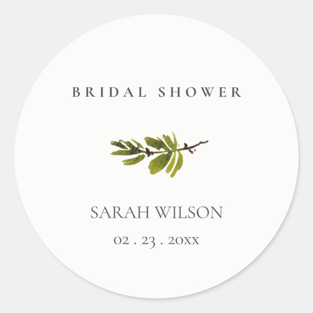 Minimal Black & White Pine Branch Bridal Shower Classic Round Sticker (Front)