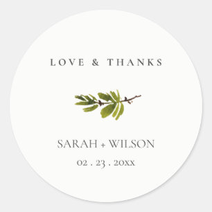 Minimal Black & White Pine Branch Foliage Wedding Classic Round Sticker