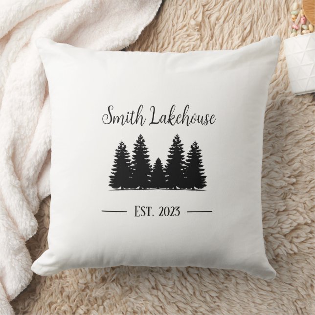 Minimal Black White Rustic Lakehouse Pine Trees Throw Pillow (Blanket)