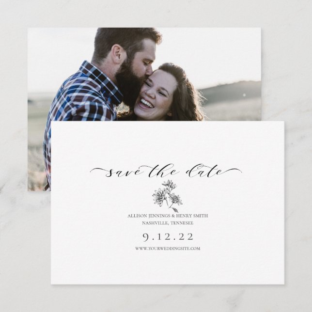 Minimal Black White Save the Date Calligraphy (Front/Back)