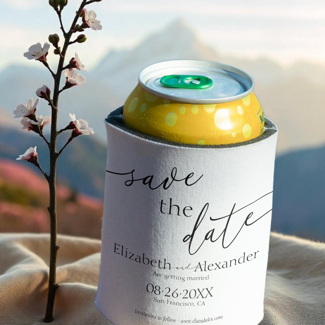 Minimal Black & White Script Fancy Save the Date Can Cooler (Creator Uploaded)