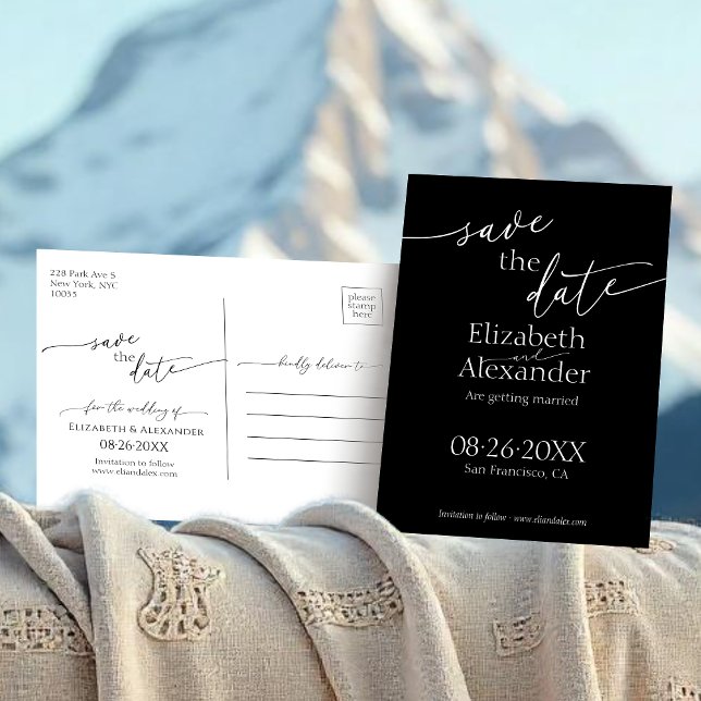 Minimal Black & White Script Fancy Save the Date Postcard (Creator Uploaded)
