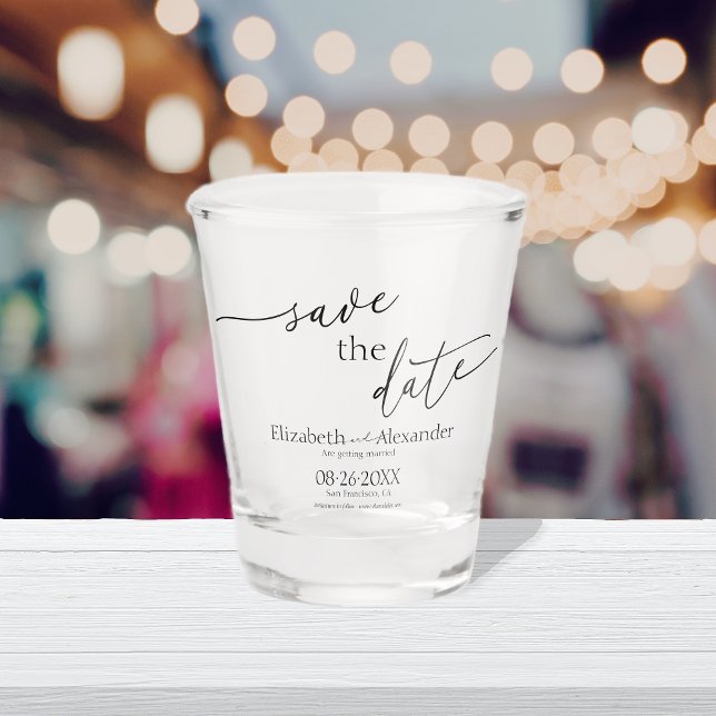 Minimal Black & White Script Fancy Save the Date Shot Glass (Creator Uploaded)