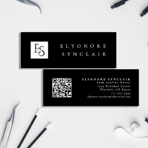 Minimal Black White Script Lash Logo Qr Code Mini Business Card