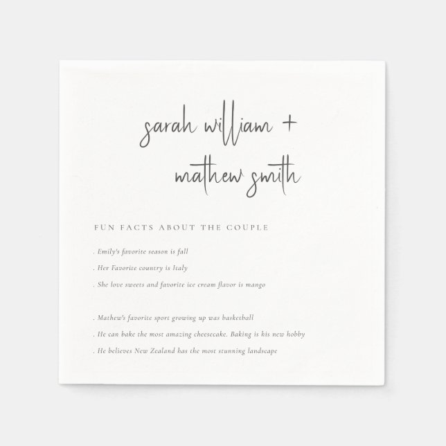 Minimal Black & White Script Typography Fun Facts Napkin (Front)