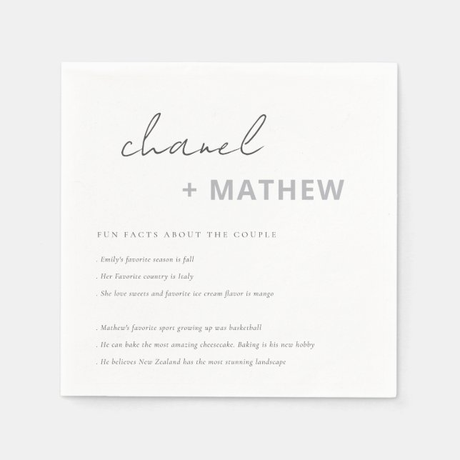 Minimal Black & White Script Typography Fun Facts Napkin (Front)