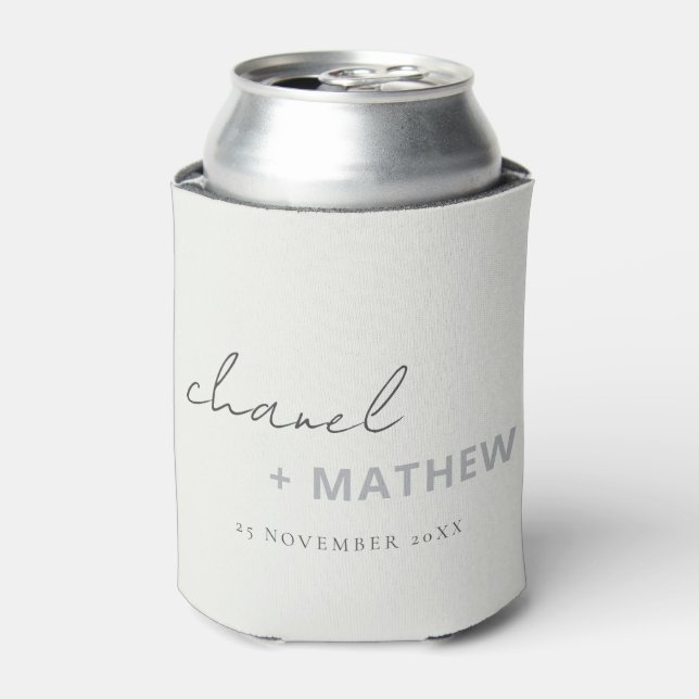Minimal Black White Script Typography Wedding Can Cooler (Can Front)