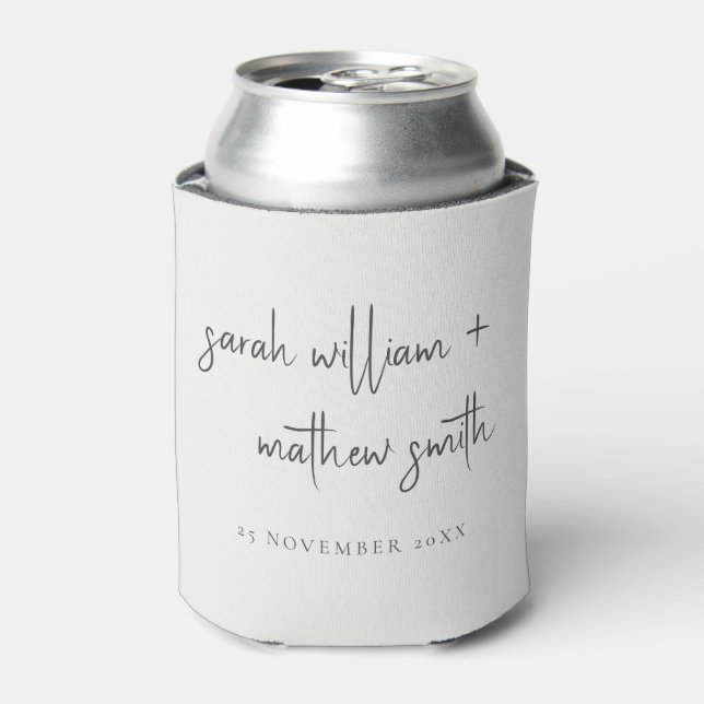 Minimal Black White Script Typography Wedding Can Cooler (Can Front)