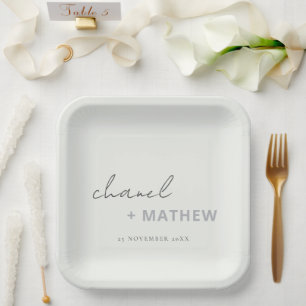 Minimal Black White Script Typography Wedding Paper Plate