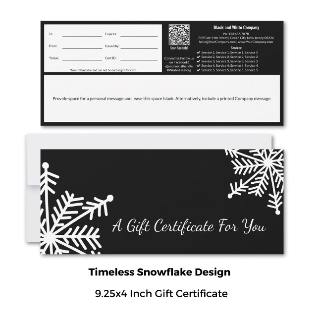 Minimal Black White  Snowflake Gift Certificate (9.25x4 Inch, Minimal Black White Snowflake Gift Certificate Cards)