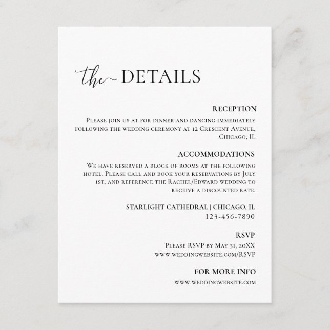 Minimal Black & White Wedding Details Enclosure Card (Front)