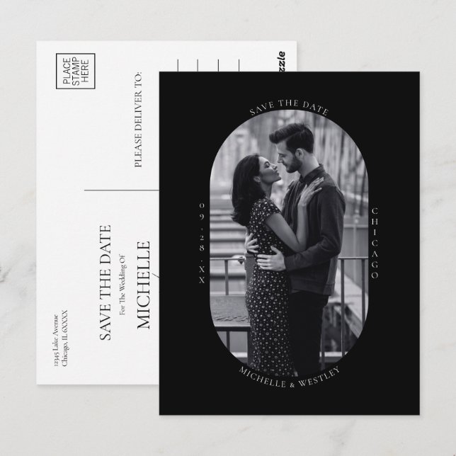 Minimal Black & White Wedding Photo Save the Date Postcard (Front/Back)
