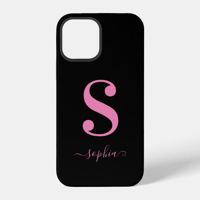 Minimal Black with Pink Monogram Script Name iPhone Case (Back)