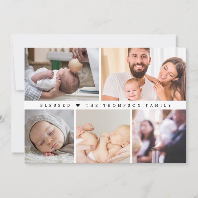 Minimal Blessed Heart Baptism Photo Collage Thank You Card (Front)