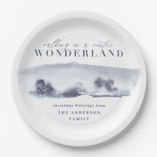 Minimal blue abstract watercolor Christmas party Paper Plate