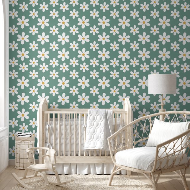 Minimal Blue and White Daisies Boho Peel and Stick Wallpaper (Kids)