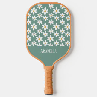 Minimal Blue and White Daisies Personalized Boho Pickleball Paddle