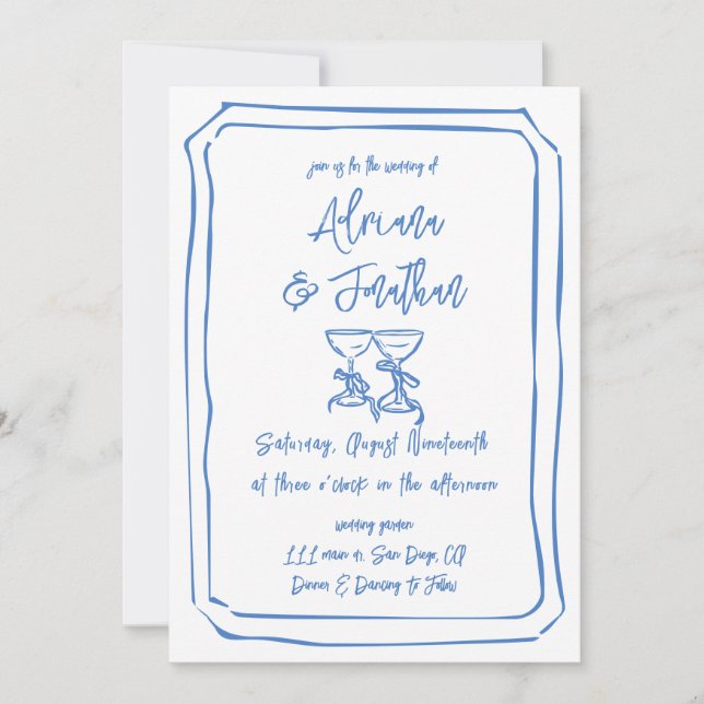 Minimal Blue and White Hand Drawn Wedding Invitation (Front)
