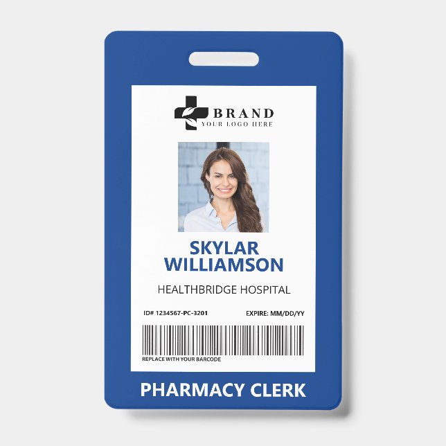 Minimal Blue Border Frame Medical Photo ID & Logo Badge (Front)