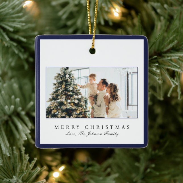Minimal Blue Border Photo Elegant Christmas Ceramic Ornament (Tree)