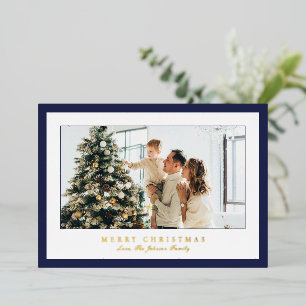 Minimal Blue Border Photo Elegant Christmas Foil Holiday Card