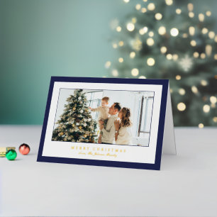 Minimal Blue Border Photo Elegant Christmas Foil Holiday Card