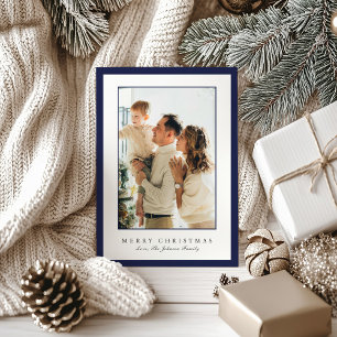 Minimal Blue Border Photo Elegant Christmas Holiday Card
