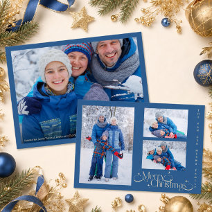 Minimal Blue Family Four Photo Merry Christmas Holiday Card