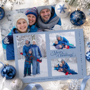 Minimal Blue Family Four Photo Merry Christmas Holiday Card