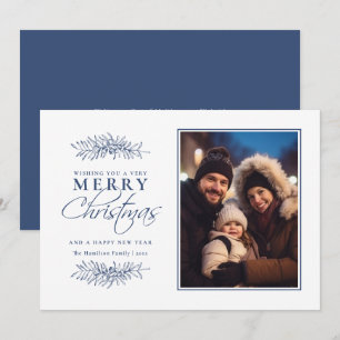 Minimal Blue Festive Foliage Photo Christmas Holiday Card