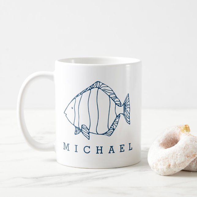 Minimal Blue Fish Illustration - Custom Nautical Coffee Mug (With Donut)