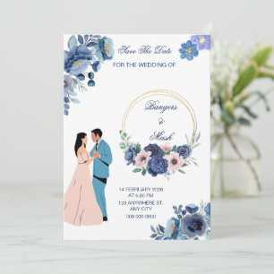 Minimal Blue Floral with Wedding Couple Invitation