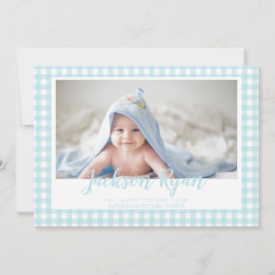 Minimal Blue Gingham Check Pattern Photo Birth Announcement