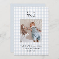 Minimal Blue Gingham Photo 1st Birthday Invitation