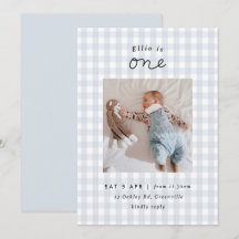 Minimal Blue Gingham Photo 1st Birthday Invitation