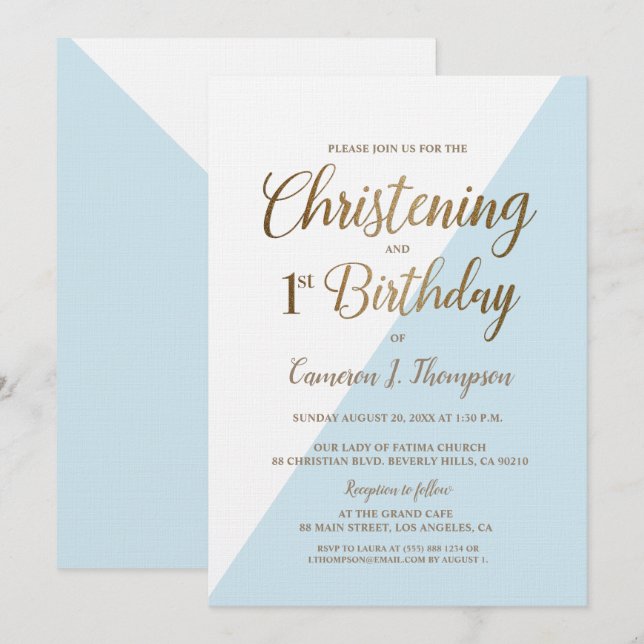 Minimal Blue Gold 1st Birthday Christening Invitation (Front/Back)