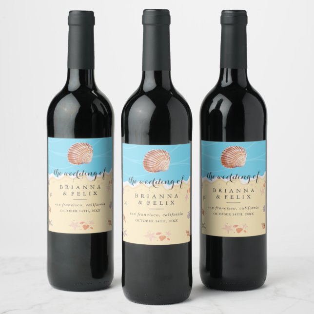 Minimal Blue Ocean Summer Wedding Wine Label (Bottles)