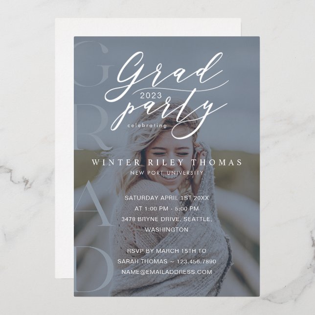 Minimal Blue Photo Grad Party Modern Calligraphy (Front/Back)