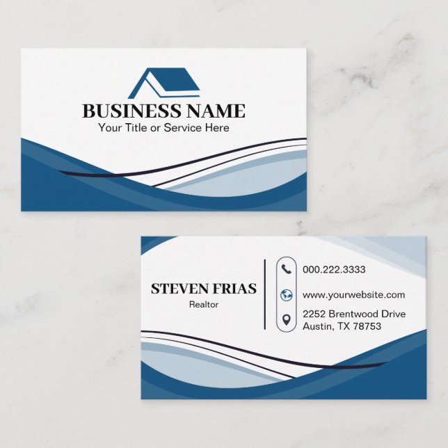 Minimal Blue Real Estate Agent House Logo Business Card (Front/Back)