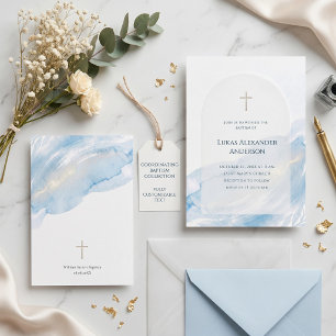 Minimal Blue Watercolor Arch Cross Baptism Invitation