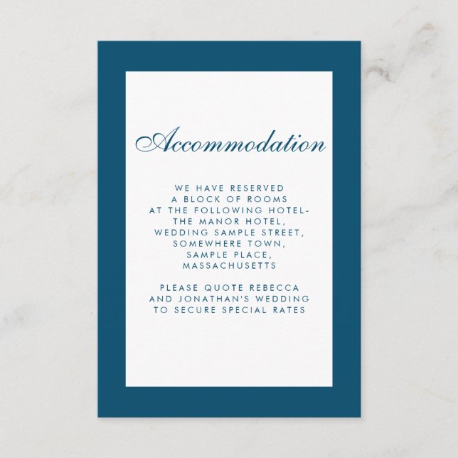 Minimal Blue Wedding Accommodation Enclosure Card (Front)